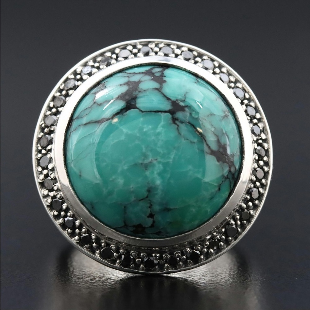 Stephen Dweck Sterling Ring with Turquoise Stone and Black Diamonds